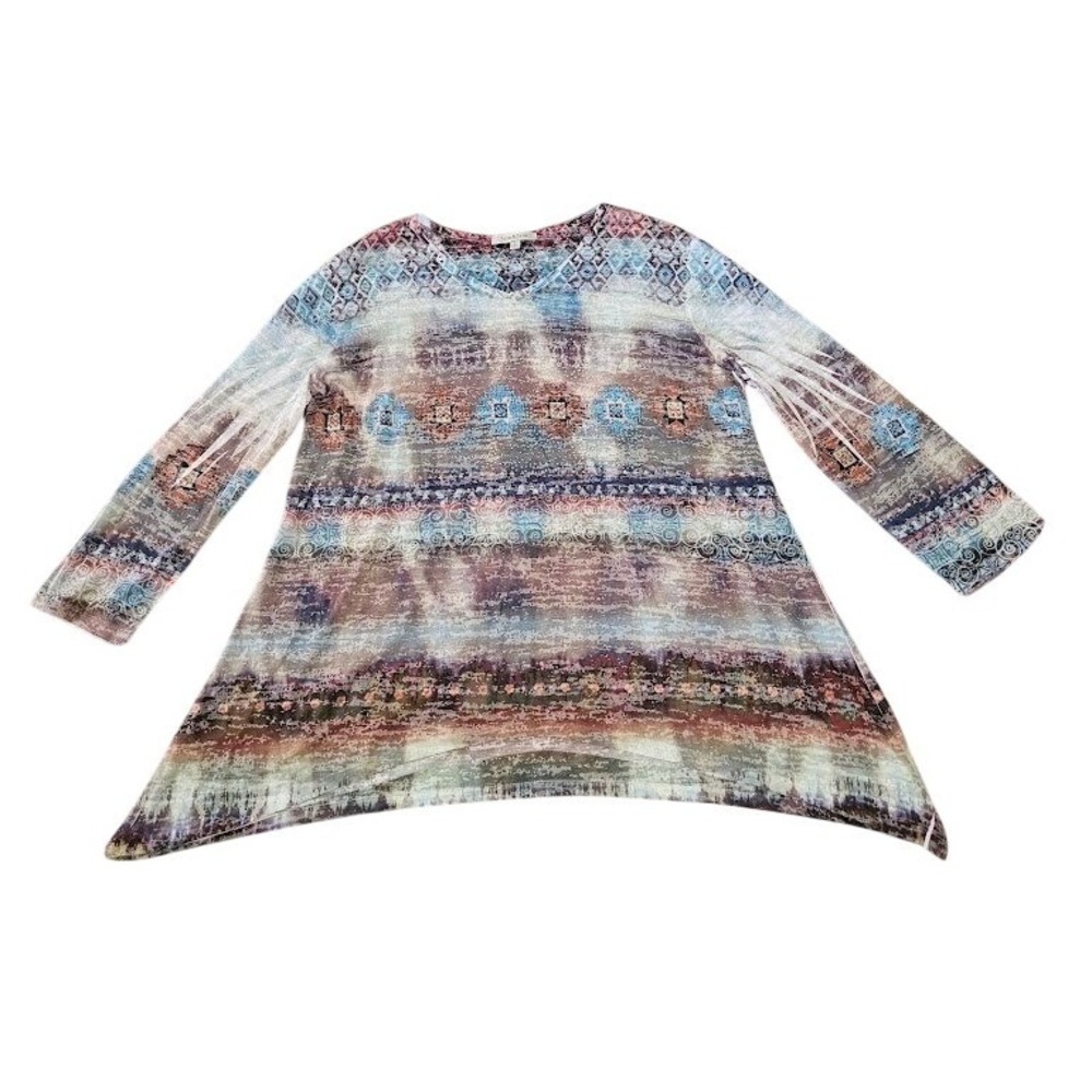 Jess & Jane Women Large Southwestern Rhinestone Sharkbite Tunic Top Blue Beige
